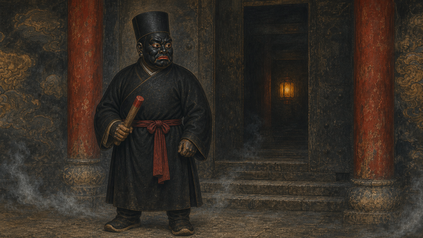 A stout Black Wuchang with a black-lacquered deity-statue face, black robe, and fire token before an imagined underworld court