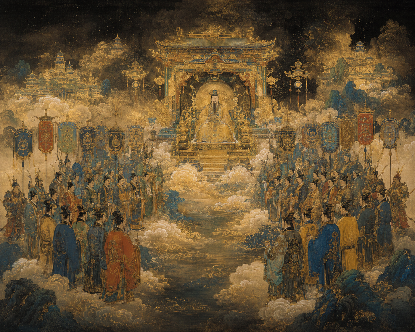 Wide image of a celestial court assembly: the Jade Emperor sits at the center in a golden cloud palace, with court deities, ceremonial banners and golden cloud light arranged on both sides