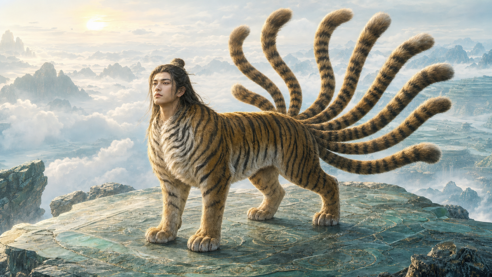 Luwu, with exactly nine tails, a tiger body, one human face, and tiger claws, surveys mythic Kunlun above a sea of clouds