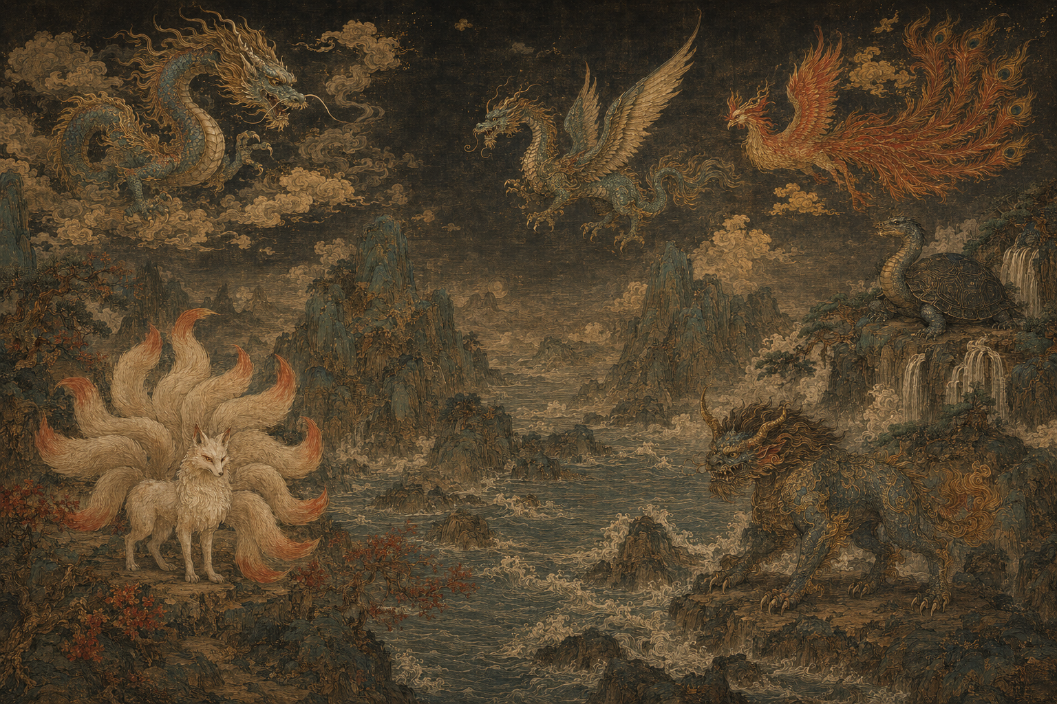 Illustrated Shan Hai bestiary with dragons, phoenixes, nine-tailed foxes, dark turtles and other mythic beasts placed among mountains and seas