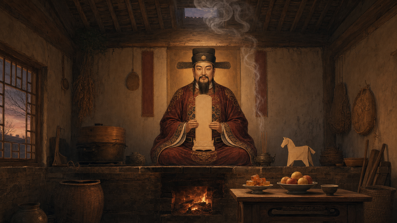 A traditionally robed Zao Jun sits above the stove in an old Chinese home, warmly lit by the hearth and year-end offerings