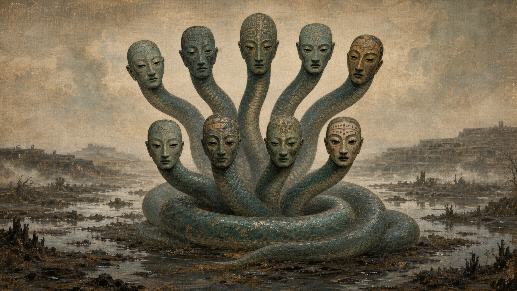 Artistic reimagining of Xiangliu in a northern marsh after a flood, shown with exactly nine distinct heads bearing human-like facial features and one coiling serpent body, amid standing water, marsh channels, and a distant raised terrace.