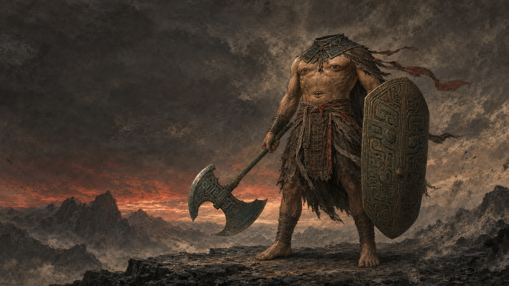 Artistic reimagining of Xingtian at Changyang Mountain, carrying a shield and battle-axe, with symbolic eyes on his torso and a navel-mouth inspired by the Shanhaijing.