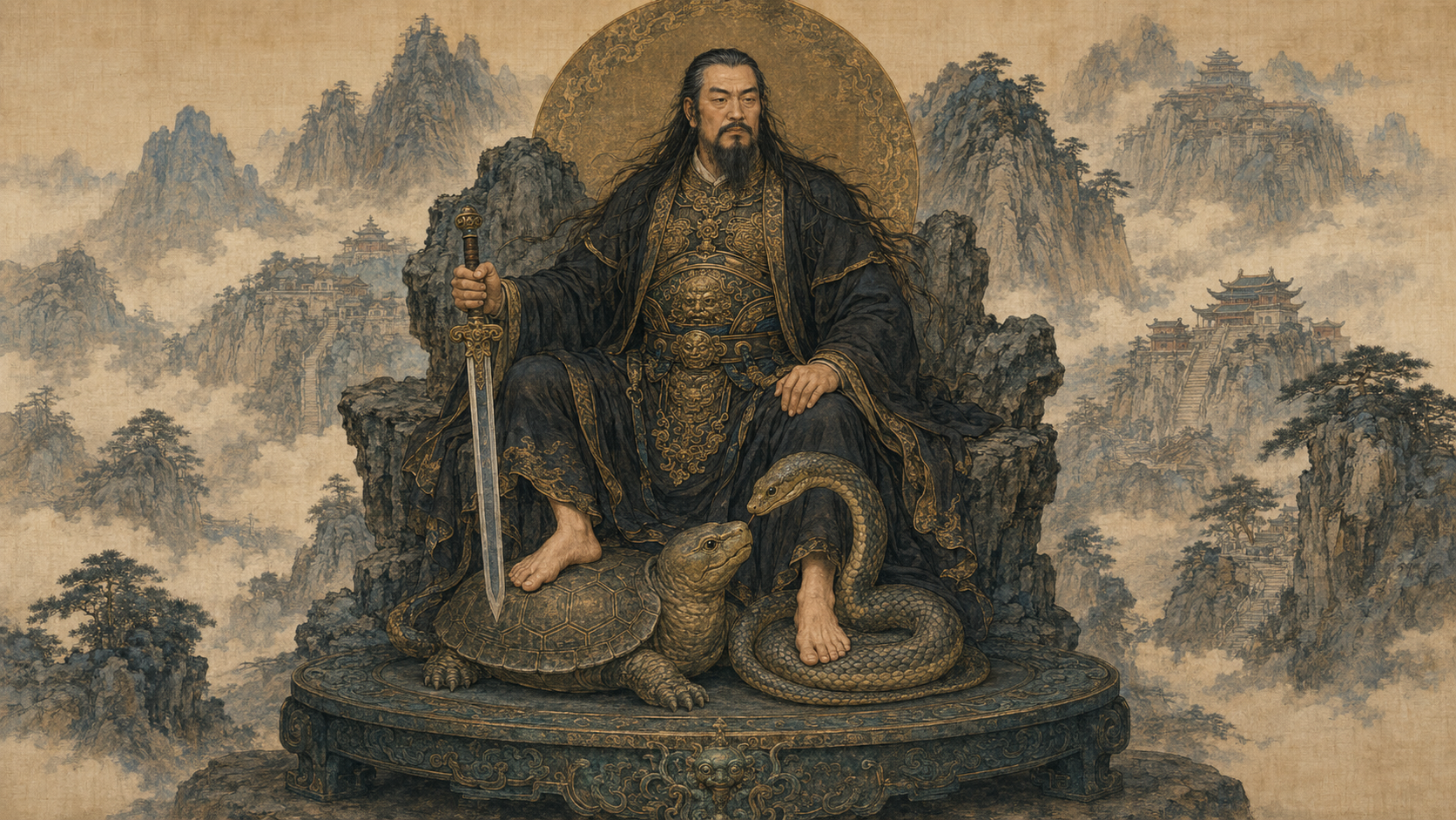 Zhenwu sits at Mount Wudang with unbound hair, bare feet and a sword, one foot on a tortoise and one on a snake.