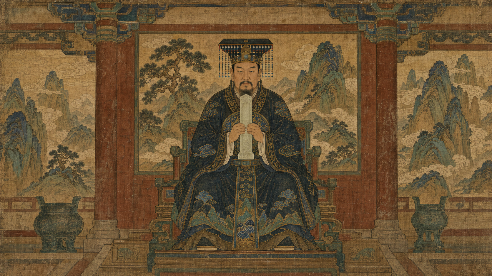 东岳大帝头戴冕旒、身着深色衮袍，手持圭板端坐于泰山云峰环绕的东岳庙正殿