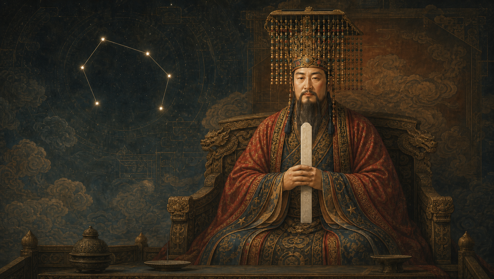勾陈大帝身着帝王礼服执玉圭端坐，身后呈现钩陈六星的艺术化星象
