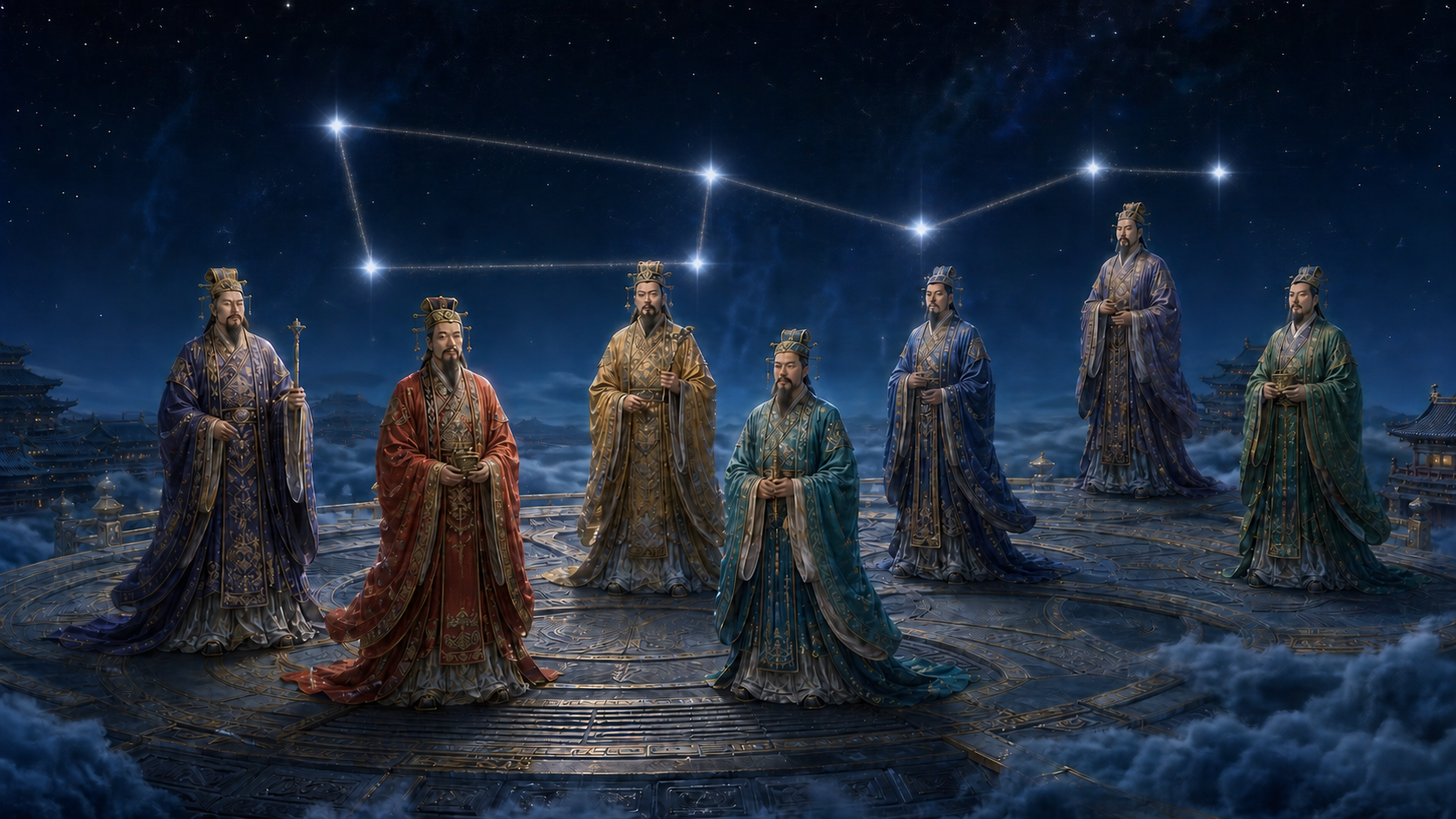 七位北斗星君立于云海天坛，头顶七颗主星以四点斗魁和三点斗柄组成北斗