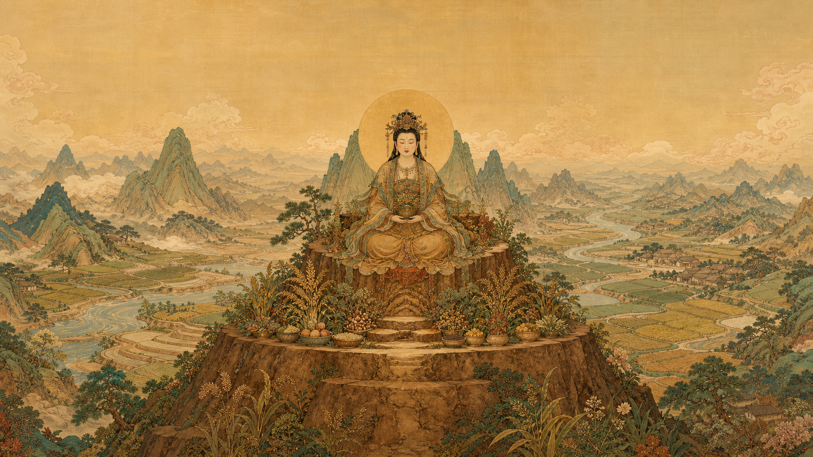 艺术化想象中的后土皇地祇端坐地坛，山川、河脉与田畴从祭坛向远方展开。