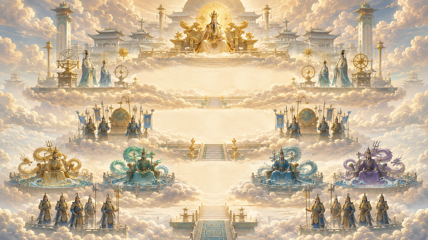 天庭结构图，玉皇高坐云端金阙，各层宫阙、仪仗、龙神和天兵依序展开