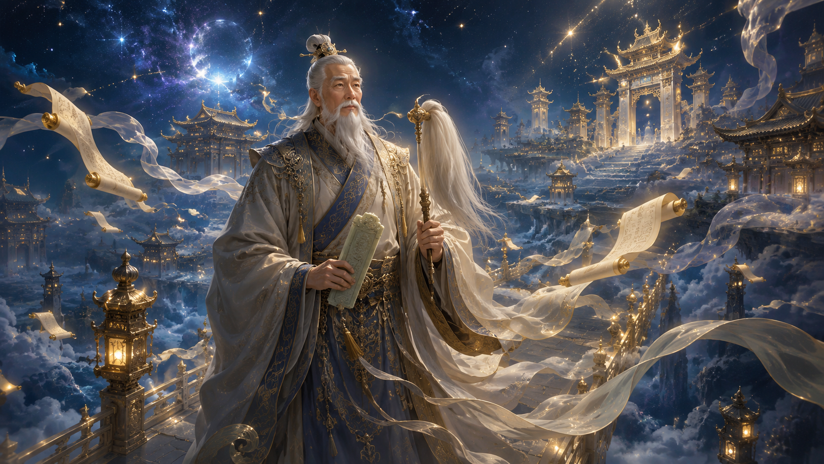 太白金星手持玉简和拂尘，立于云中天庭廊桥，身后是星光、传旨卷轴和天门宫阙。