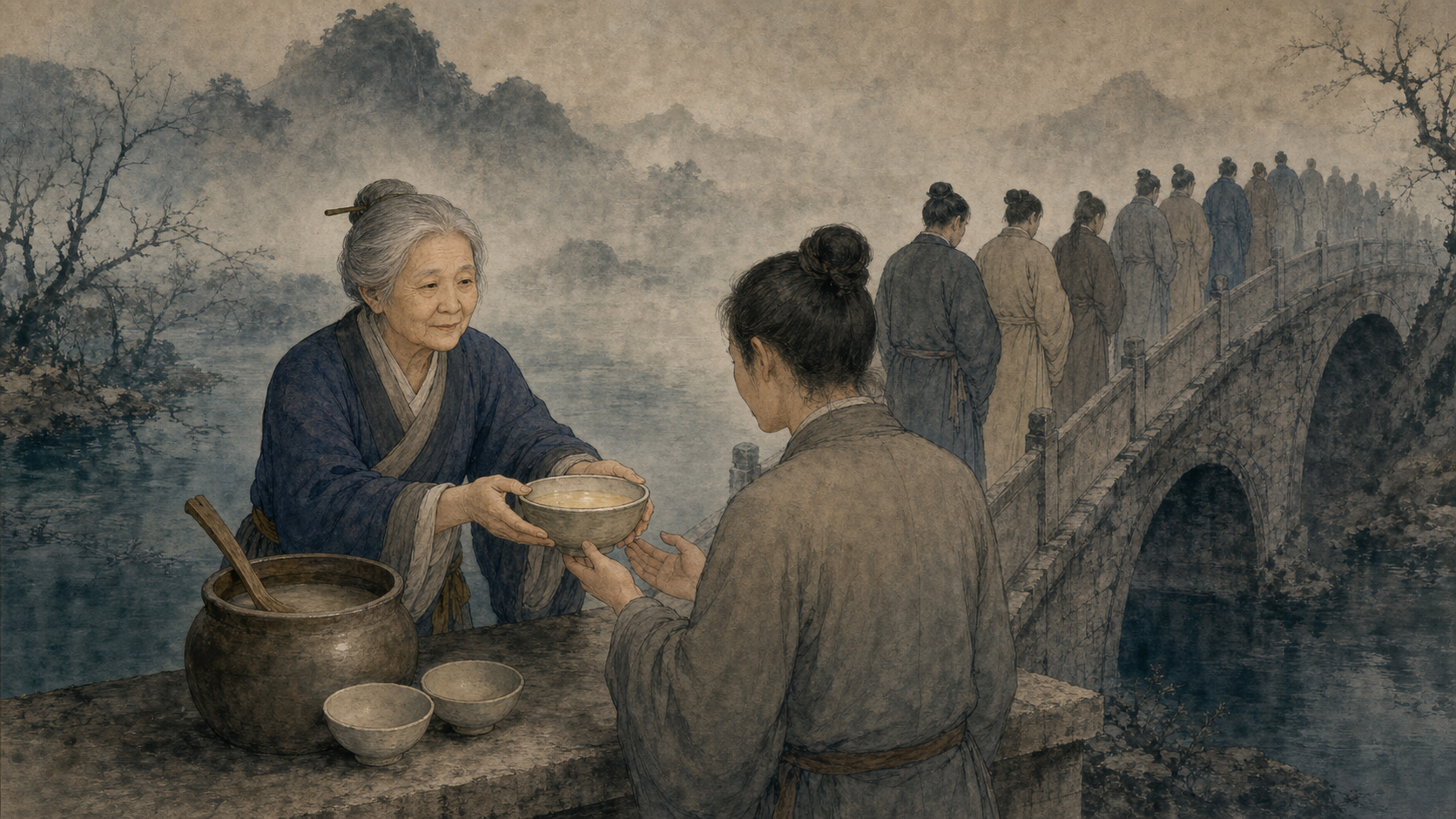 艺术化想象中的奈何桥畔，年长端庄的孟婆递出一碗汤，安静的亡者队伍沿石桥隐入水墨雾色。