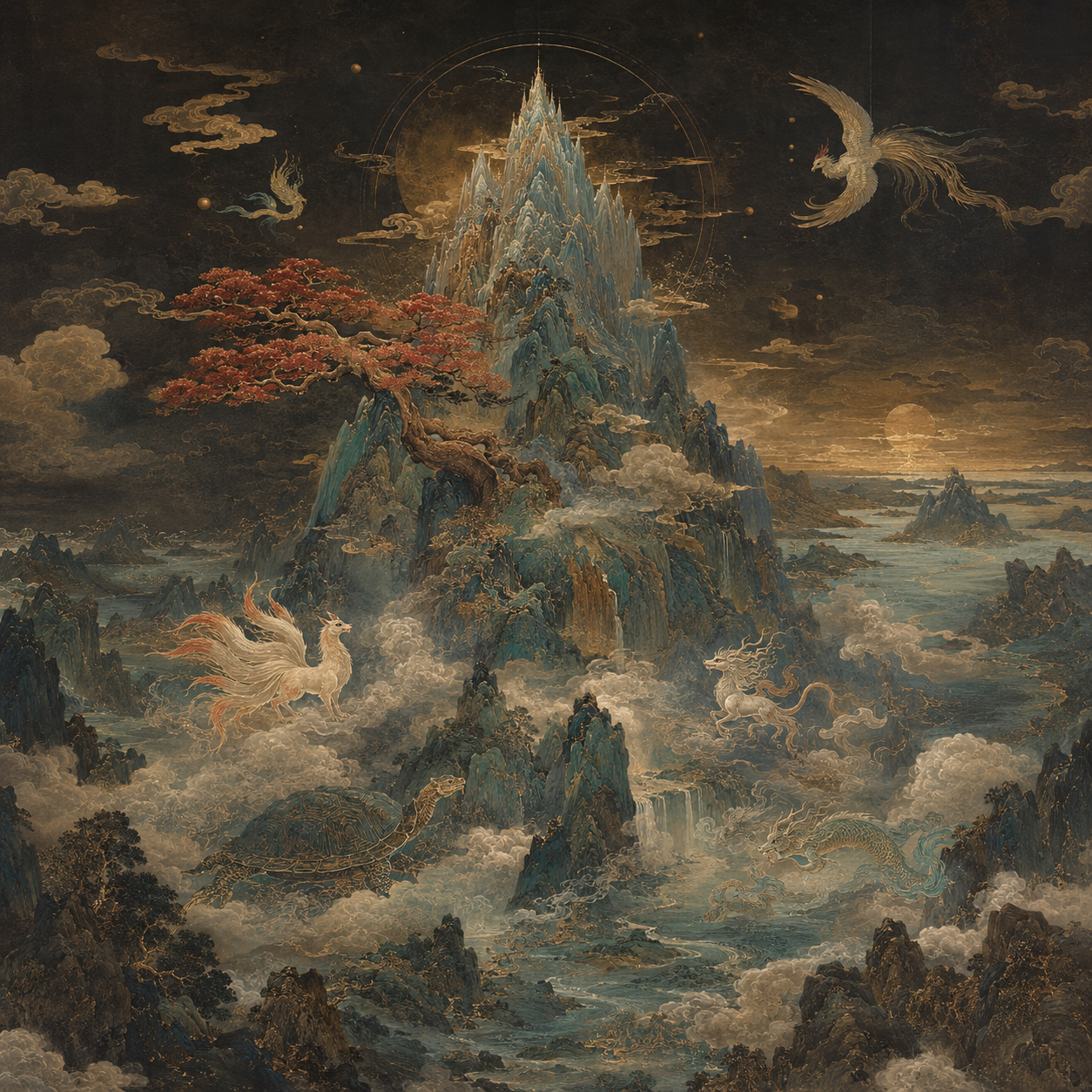 山海经专题竖图,昆仑神山、神木与山涧海域纵向铺展,山间点缀九尾狐、玄龟、神鸟等山海异兽