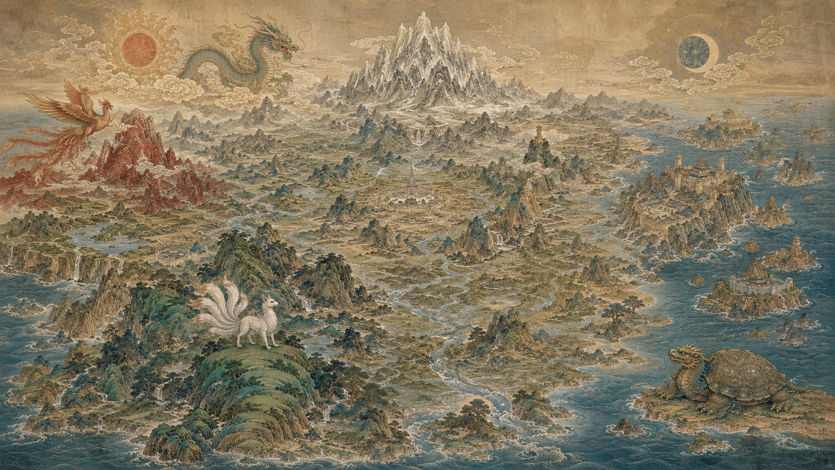 山海经篇章结构横图,五方山系、海内、海外、大荒、昆仑神山与四海水域展开成神话地理长卷