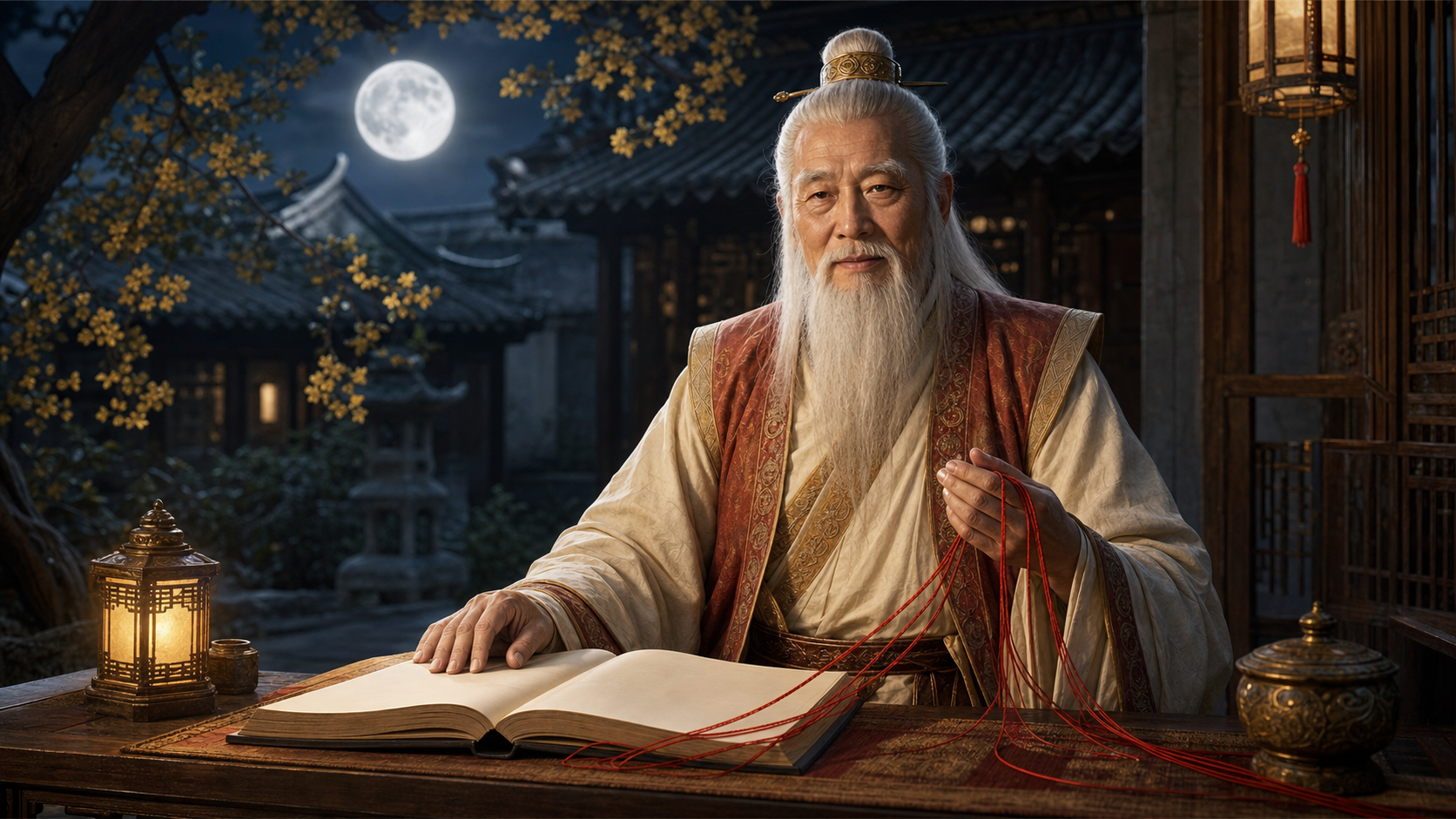 月老艺术想象图：白发老人月下翻阅空白姻缘簿，手持红绳坐在传统庭院中