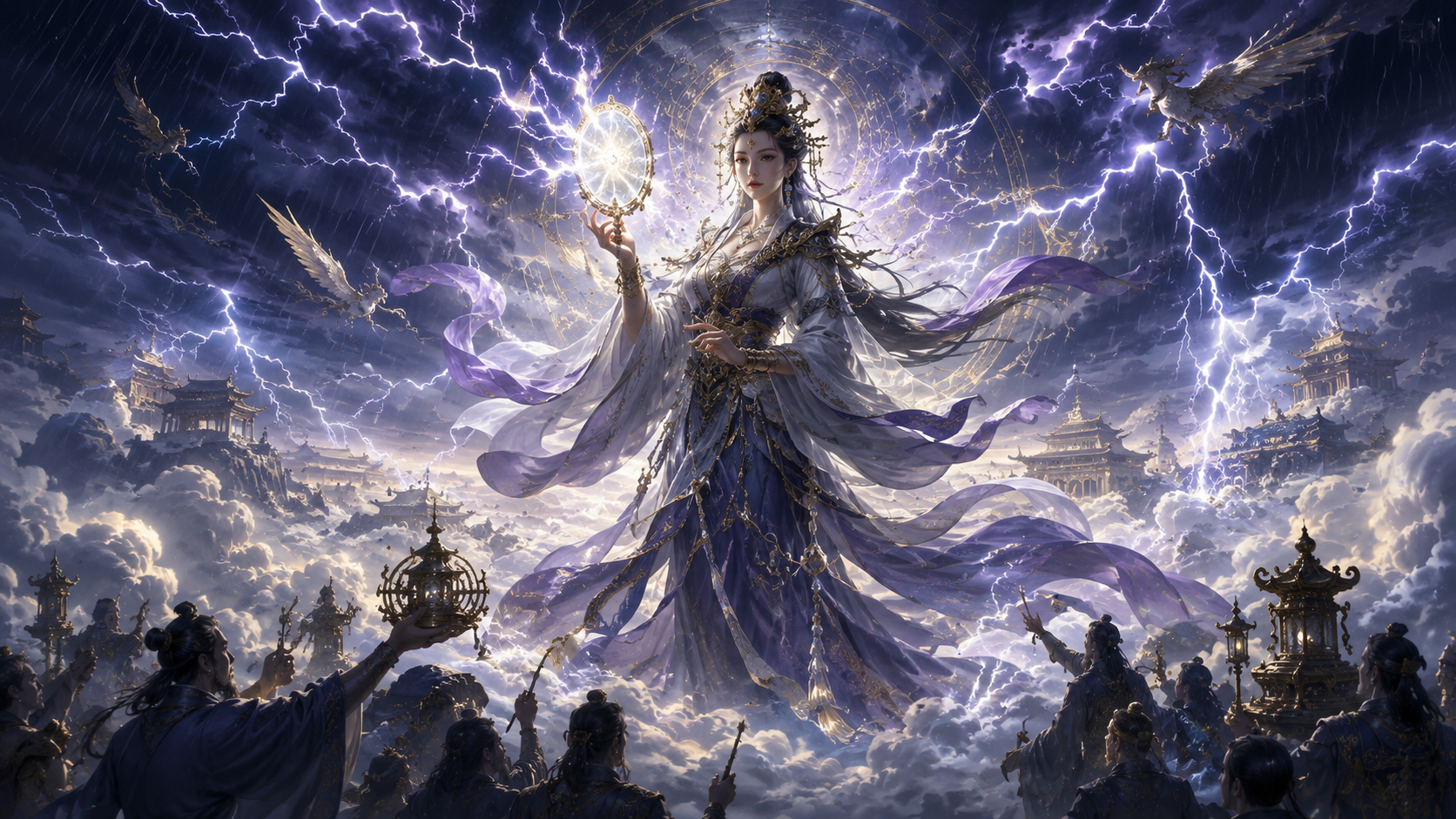 电母立于云端手持明镜，紫白电光照亮雷雨天幕和远处天庭宫阙。