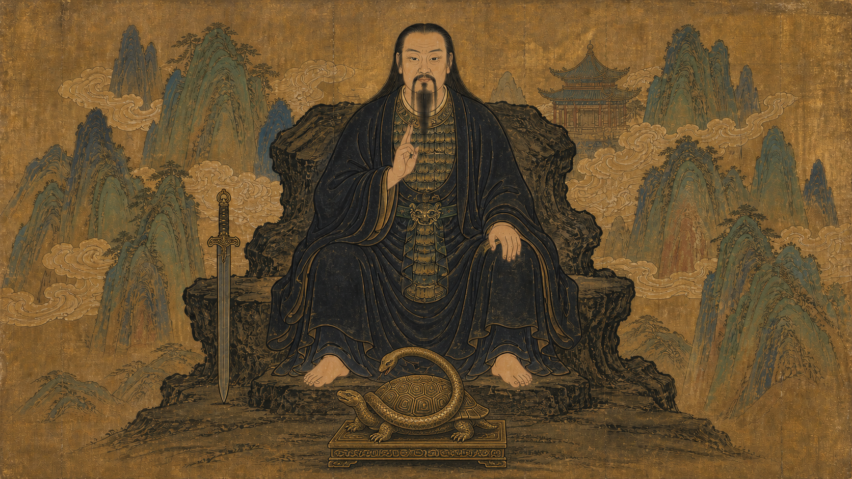 明代道教仪式画风格的真武大帝端坐岩座，披发跣足，玄袍内着甲胄，座前陈设龟蛇玄武法物