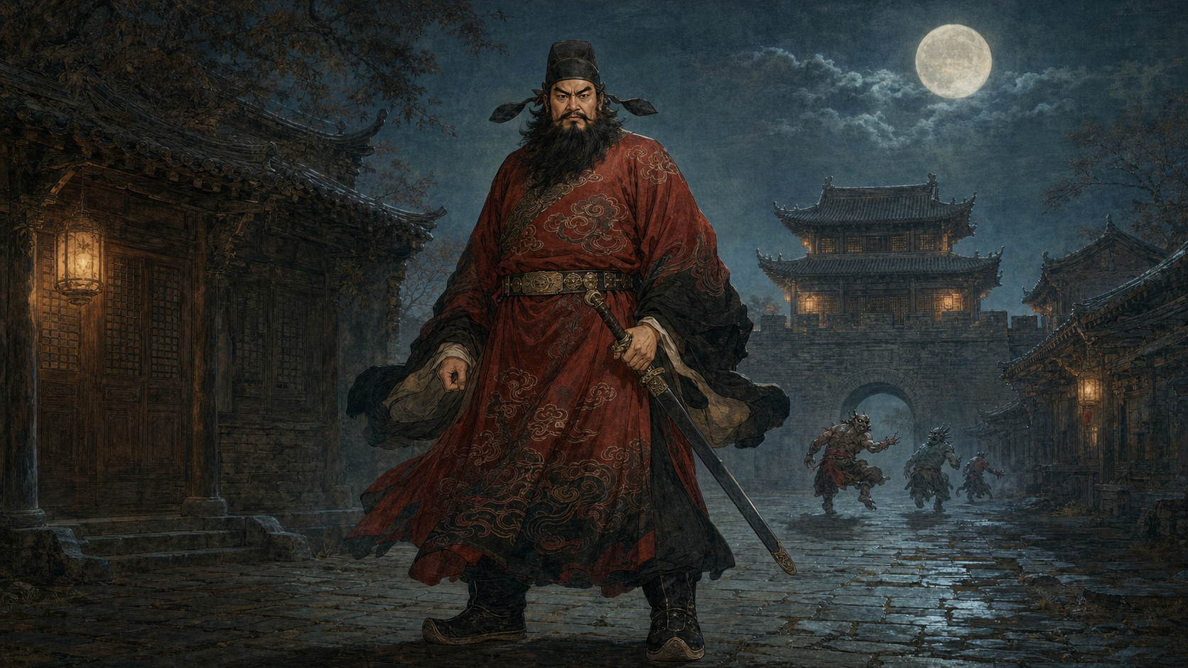 月夜古城中，虬髯佩剑的钟馗身着暗红官服巡行，几名小鬼在远处退避。